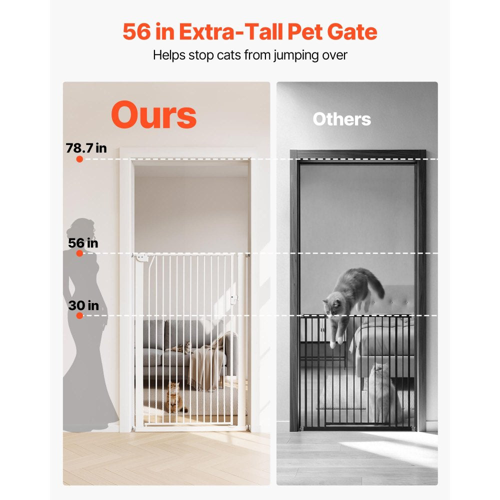 VEVOR Extra Tall Pet Gate for Cats, 29-41 in Adjustable Width, 56 in High Dog Gate, with Pressure Mount Kit and Wall Mount Kit, 1.3 in Narrow Bar Spacing, for Stairs, Doorways, and House, White