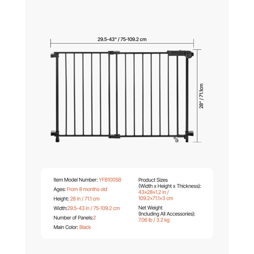 VEVOR Baby Gate, 29.5-43 Inches Adjustable Width, 28 Inches High Dog Gate, No Threshold Bar, Easy Step Walk Thru, for Child Pet Security, with Screws, One-Hand Open, for Stairs and Doorways, Black
