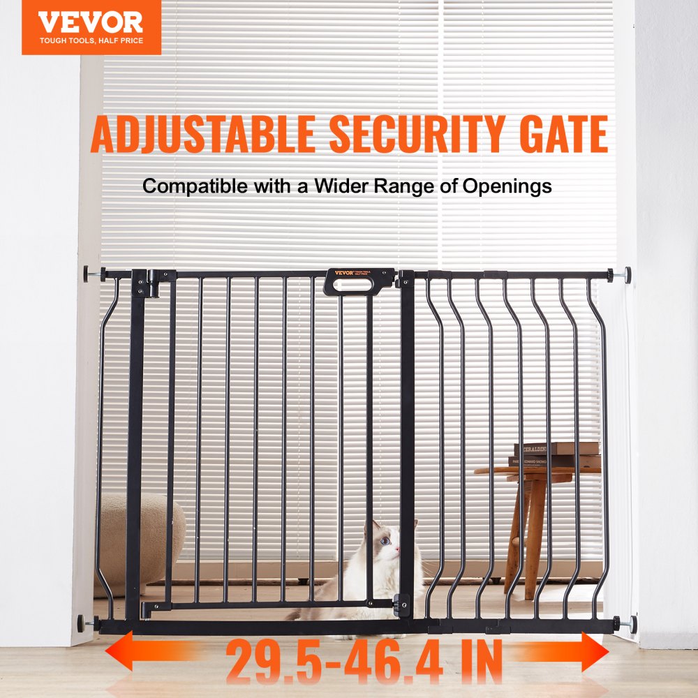 VEVOR Baby Gate, 29.5"-46.4" Extra Wide, 30" High, Dog Gate for Stairs Doorways and House, Easy Step Walk Thru Auto Close Child Gate Pet Security Gate with Pressure Mount Kit and Wall Mount Kit, Black
