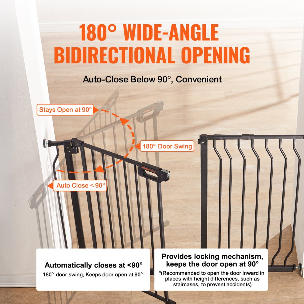 VEVOR Baby Gate, 29.5"-46.4" Extra Wide, 30" High, Dog Gate for Stairs Doorways and House, Easy Step Walk Thru Auto Close Child Gate Pet Security Gate with Pressure Mount Kit and Wall Mount Kit, Black
