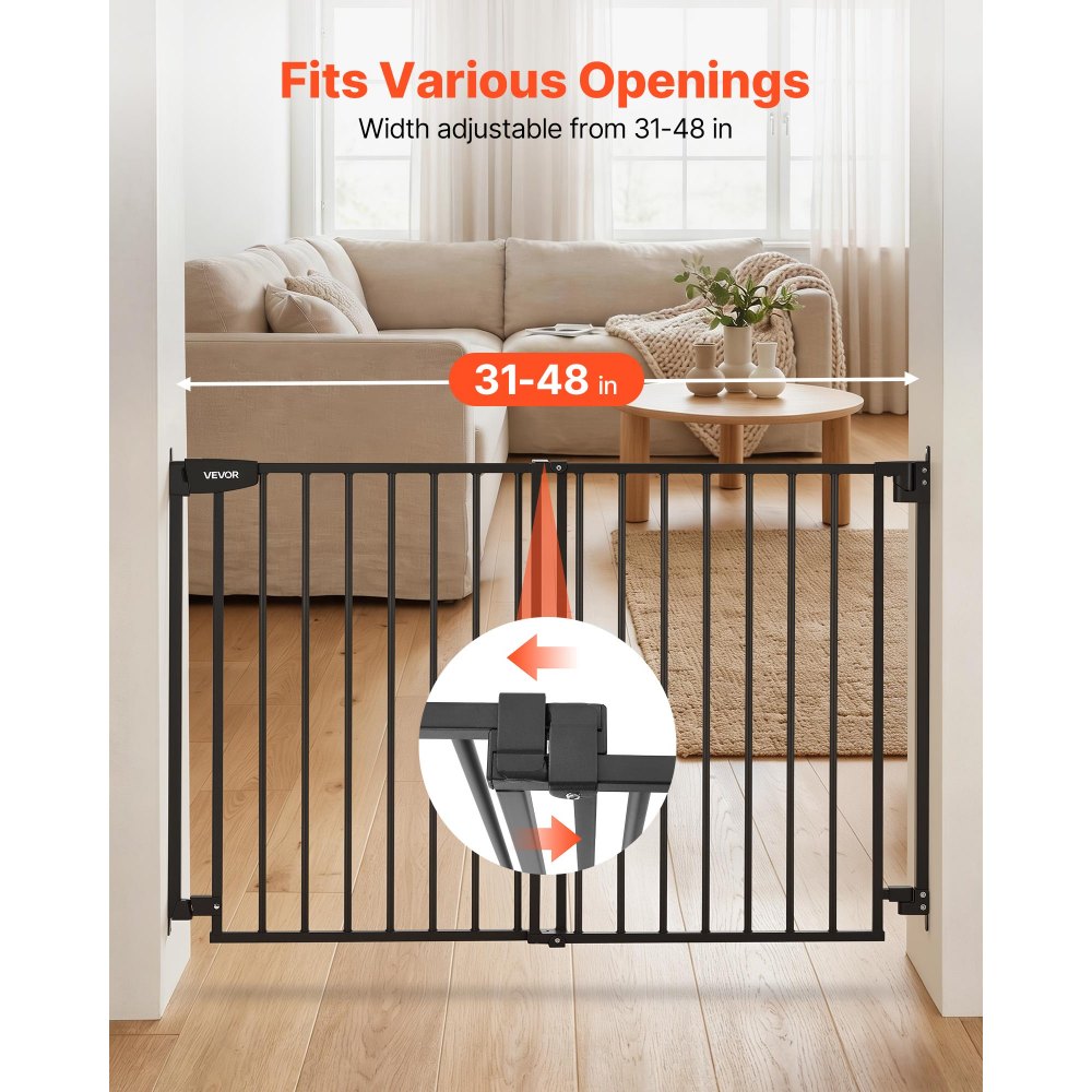 VEVOR Baby Gate for Stairs, 31-48 in Adjustable Width, 30 in High Dog Gate, No Bottom Bar, One-Handed Operation, Easy Drilling Installation with Hardware Kit, for Stairs, Doorways, and House, Black