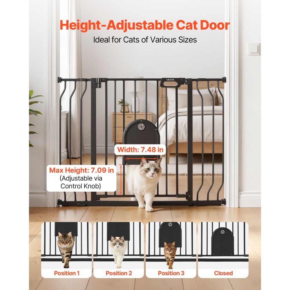 VEVOR Baby Gate for Stairs, 29.5-43 in Adjustable Width, Baby Gate with Adjustable Cat Door, with Pressure Mount Kit and Wall Mount Kit, Secure Metal Pet Door for Stairs, Doorways, and House, Black