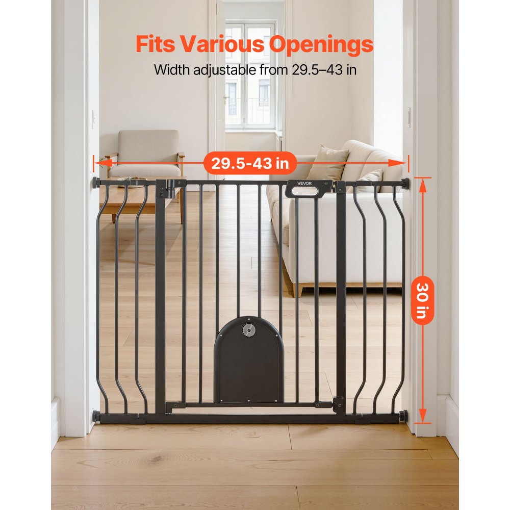 VEVOR Baby Gate for Stairs, 29.5-43 in Adjustable Width, Baby Gate with Adjustable Cat Door, with Pressure Mount Kit and Wall Mount Kit, Secure Metal Pet Door for Stairs, Doorways, and House, Black