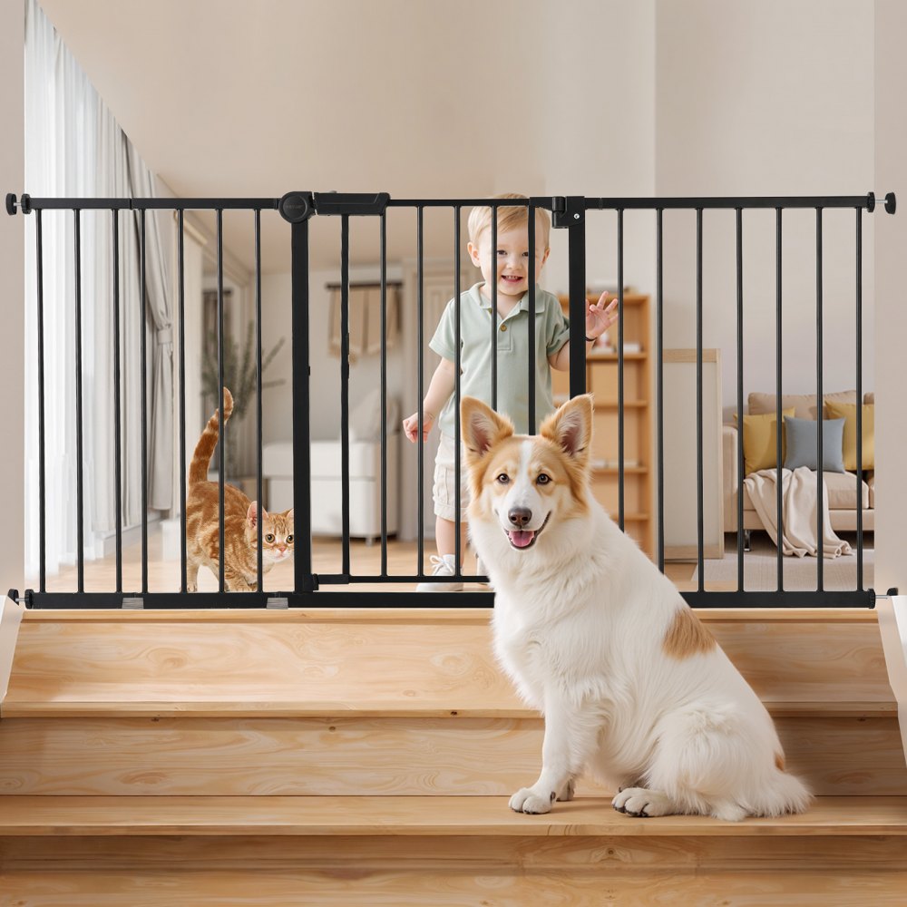 VEVOR Baby Gate, 60.6-63.3 Inches Adjustable Width, 30 Inches High Dog Gate, Easy Step Walk Thru, for Child Pet Security, Pressure Mount Kit, Wall Cups, One-Hand Open, for Stairs and Doorways, Black