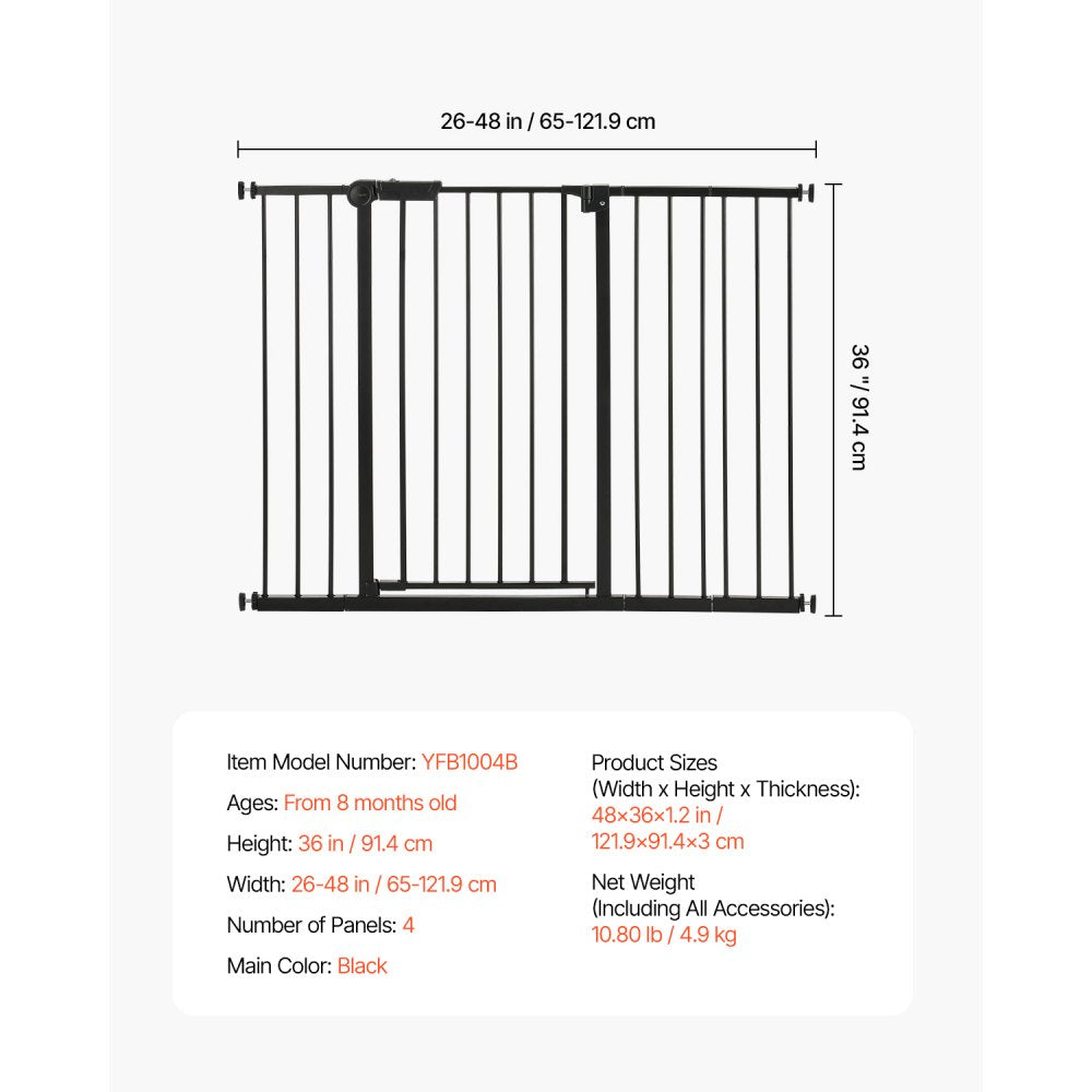 VEVOR Baby Gate, 26-48 Inches Adjustable Width, 36 Inches High Dog Gate, Easy Step Walk Thru, for Child Pet Security, Pressure Mount Kit, Wall Cups, One-Hand Open, for Stairs and Doorways, Black