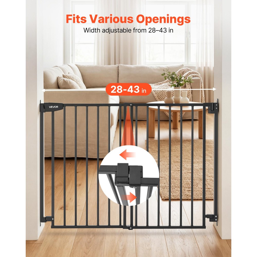 VEVOR Baby Gate for Stairs, 28-43 in Adjustable Width, 36 in High Dog Gate, No Bottom Bar, One-Handed Operation, Easy Drilling Installation with Hardware Kit, for Stairs, Doorways, and House, Black