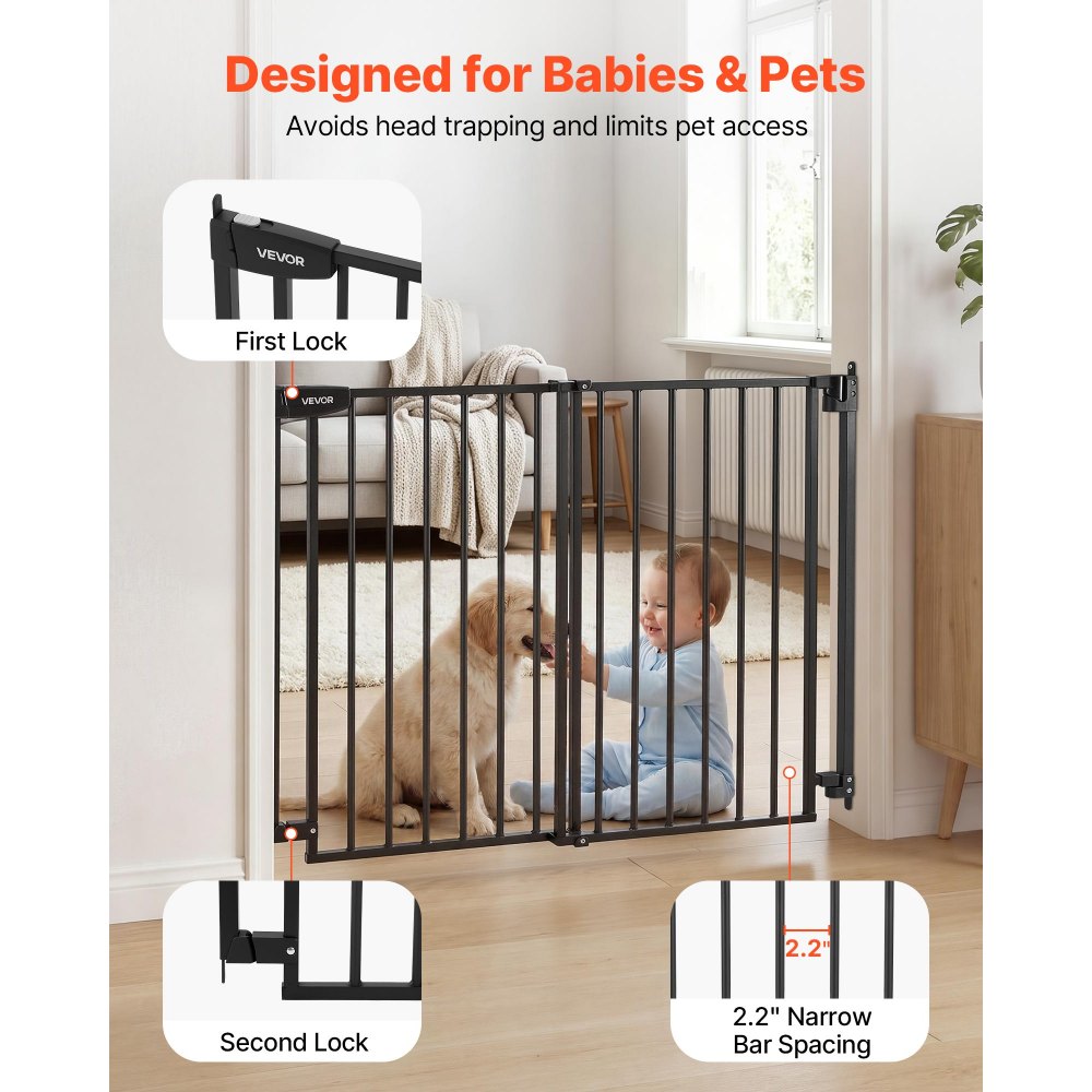 VEVOR Baby Gate for Stairs, 28-43 in Adjustable Width, 36 in High Dog Gate, No Bottom Bar, One-Handed Operation, Easy Drilling Installation with Hardware Kit, for Stairs, Doorways, and House, Black