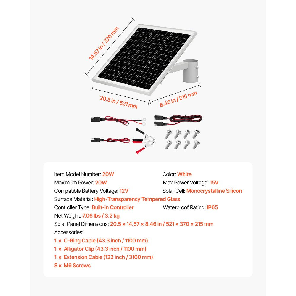VEVOR 20W 12V Solar Panel Battery Charger, Solar Battery Trickle Charger Maintainer with Built-in Controller & Pole Mount Bracket, IP65 Waterproof for Gate Fence Farm Lawn (Fits 1.57" - 2.68" Poles)