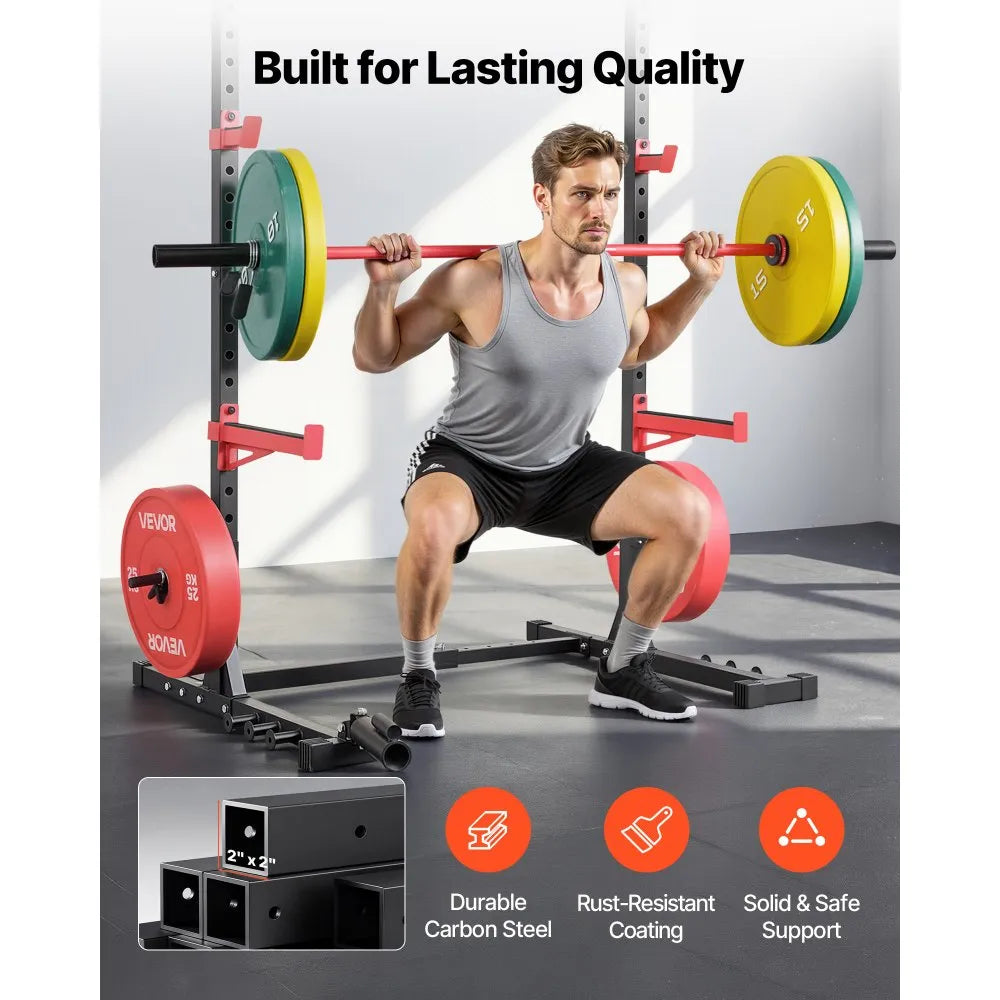 VEVOR Power Cage Rack, Multifunctional Squat Rack for Home Gym, Width-Adjustable Workout Strength Training Equipment with 6 Band Pegs, Landmine Attachment & Safety Bars for Bench Press Squats Pull-Up