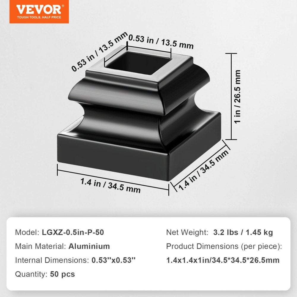 VEVOR Aluminum Alloy Baluster Shoes Stair Flat Shoe with Screw Holes for 1/2 Inch Square Scroll Basket Twist Knuckle Staircase Balusters Metal Spindle Railing, Satin Black (50 Pcs)