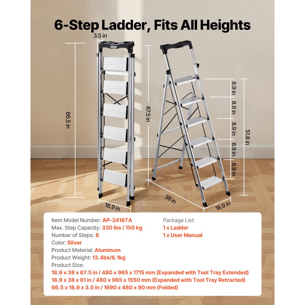 VEVOR 6 Step Ladder, Folding Step Stool with Wide Anti-Slip Pedal and Comfort Handgrip, 330 lbs Capacity Portable Aluminum Stepladder, Multi-Use for Kitchen, Warehouse, Household and Office, Silver