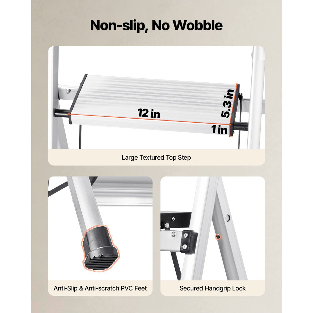 VEVOR 6 Step Ladder, Folding Step Stool with Wide Anti-Slip Pedal and Comfort Handgrip, 330 lbs Capacity Portable Aluminum Stepladder, Multi-Use for Kitchen, Warehouse, Household and Office, Silver