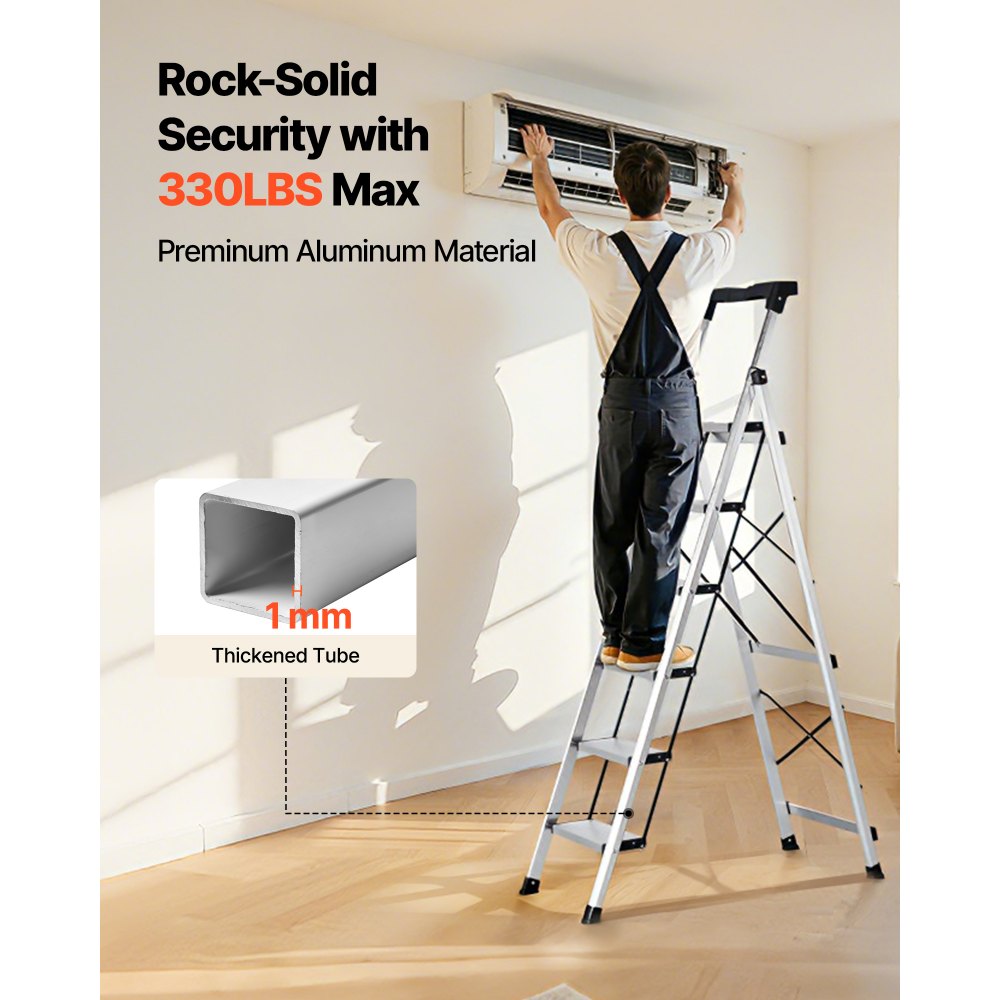 VEVOR 6 Step Ladder, Folding Step Stool with Wide Anti-Slip Pedal and Comfort Handgrip, 330 lbs Capacity Portable Aluminum Stepladder, Multi-Use for Kitchen, Warehouse, Household and Office, Silver