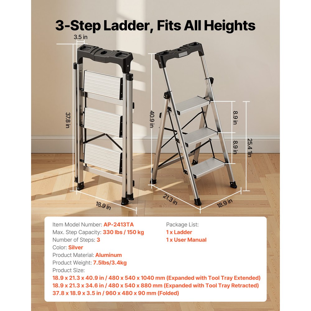 VEVOR 3 Step Ladder, Folding Step Stool with Wide Anti-Slip Pedal and Comfort Handgrip, 330 lbs Capacity Portable Aluminum Stepladder, Multi-Use for Kitchen, Warehouse, Household and Office, Silver