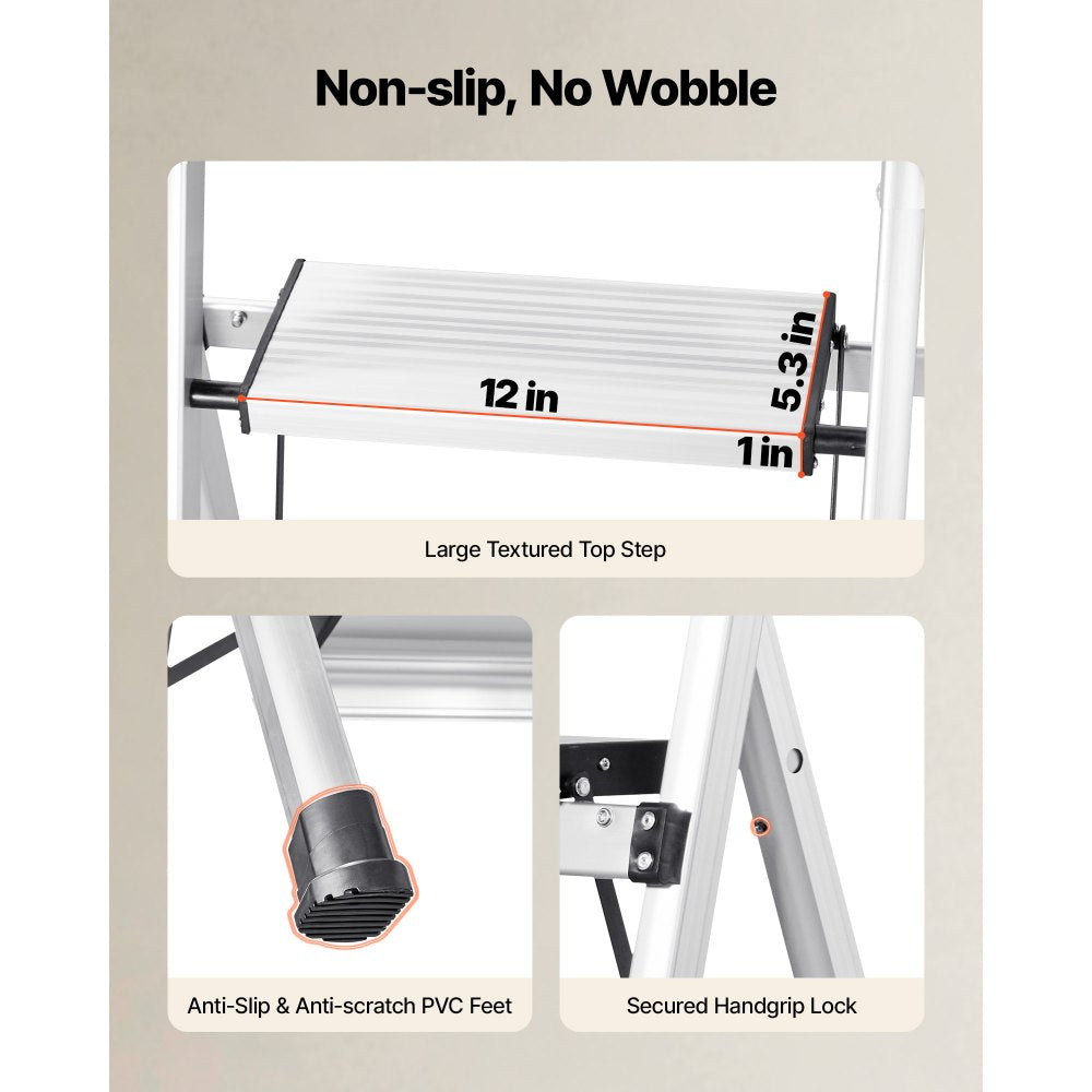 VEVOR 3 Step Ladder, Folding Step Stool with Wide Anti-Slip Pedal and Comfort Handgrip, 330 lbs Capacity Portable Aluminum Stepladder, Multi-Use for Kitchen, Warehouse, Household and Office, Silver