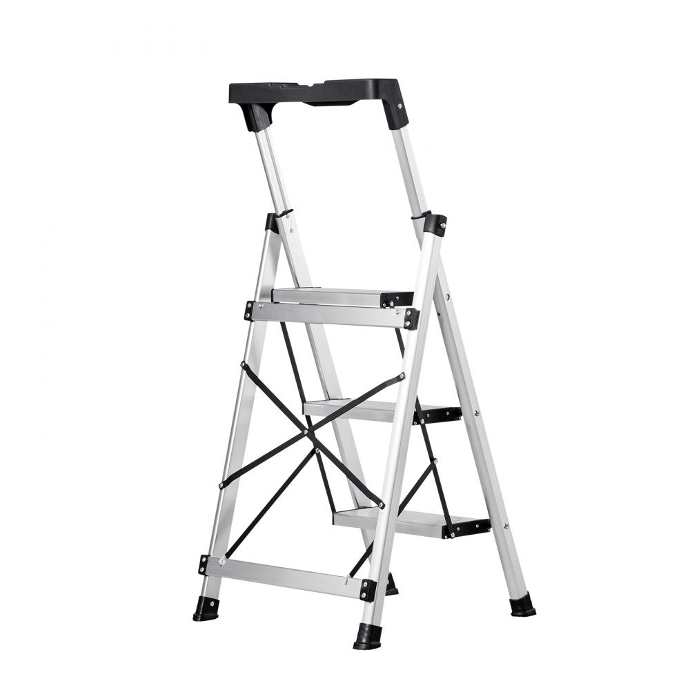 VEVOR 3 Step Ladder, Folding Step Stool with Wide Anti-Slip Pedal and Comfort Handgrip, 330 lbs Capacity Portable Aluminum Stepladder, Multi-Use for Kitchen, Warehouse, Household and Office, Silver