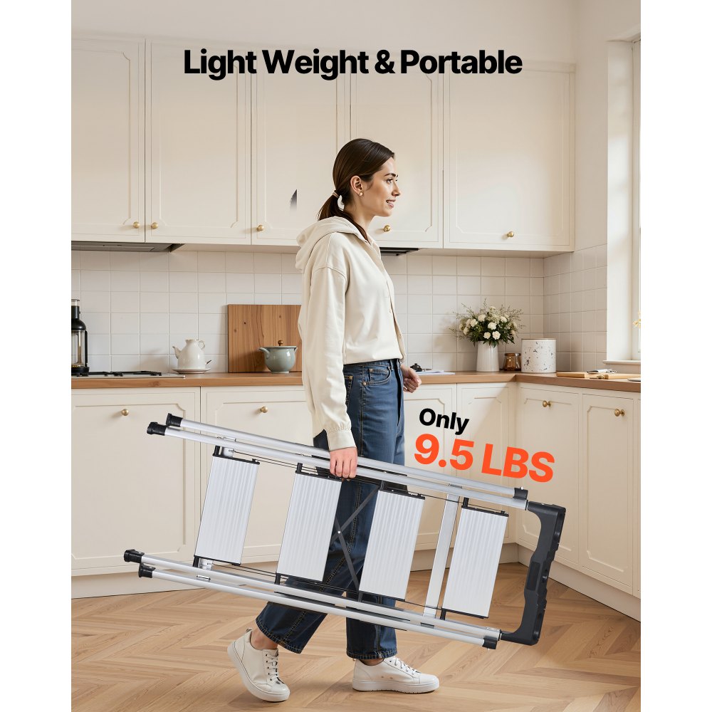 VEVOR 4 Step Ladder, Folding Step Stool with Wide Anti-Slip Pedal and Comfort Handgrip, 330 lbs Capacity Portable Aluminum Stepladder, Multi-Use for Kitchen, Home, Warehouse and Office, Silver