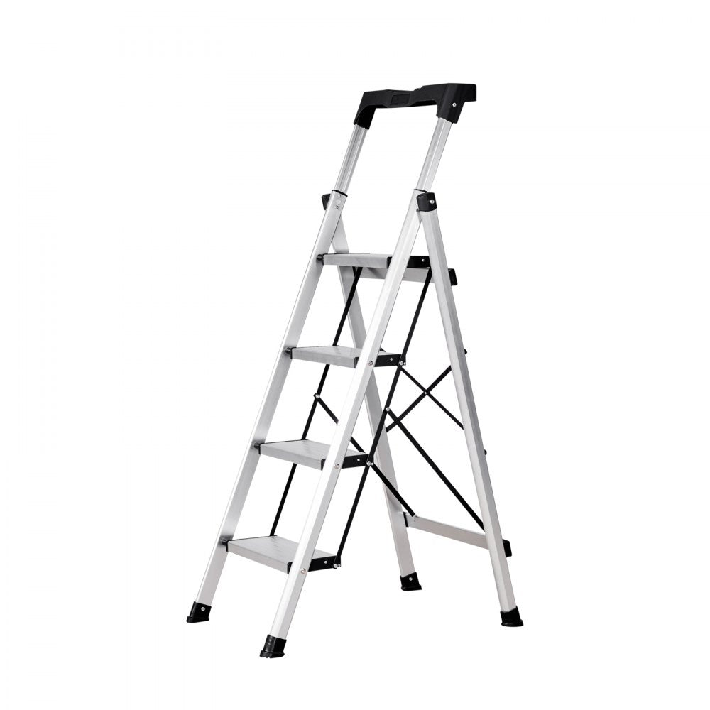 VEVOR 4 Step Ladder, Folding Step Stool with Wide Anti-Slip Pedal and Comfort Handgrip, 330 lbs Capacity Portable Aluminum Stepladder, Multi-Use for Kitchen, Home, Warehouse and Office, Silver