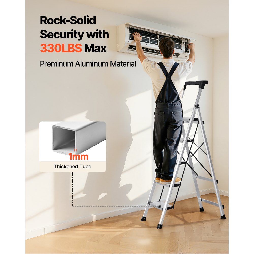 VEVOR 5 Step Ladder, Folding Step Stool with Wide Anti-Slip Pedal and Comfort Handgrip, 330 lbs Capacity Portable Aluminum Stepladder, Multi-Use for Kitchen, Warehouse, Household and Office, Silver