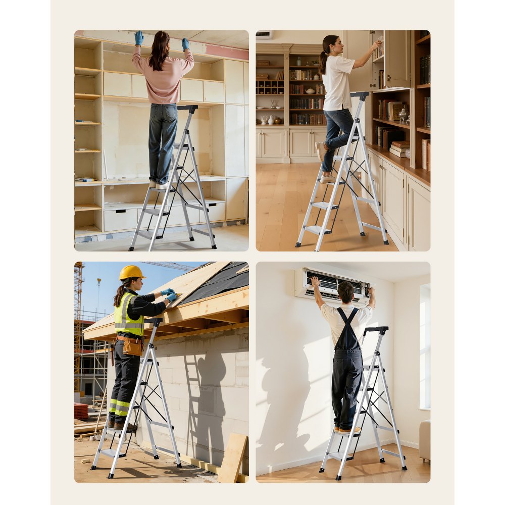 VEVOR 5 Step Ladder, Folding Step Stool with Wide Anti-Slip Pedal and Comfort Handgrip, 330 lbs Capacity Portable Aluminum Stepladder, Multi-Use for Kitchen, Warehouse, Household and Office, Silver
