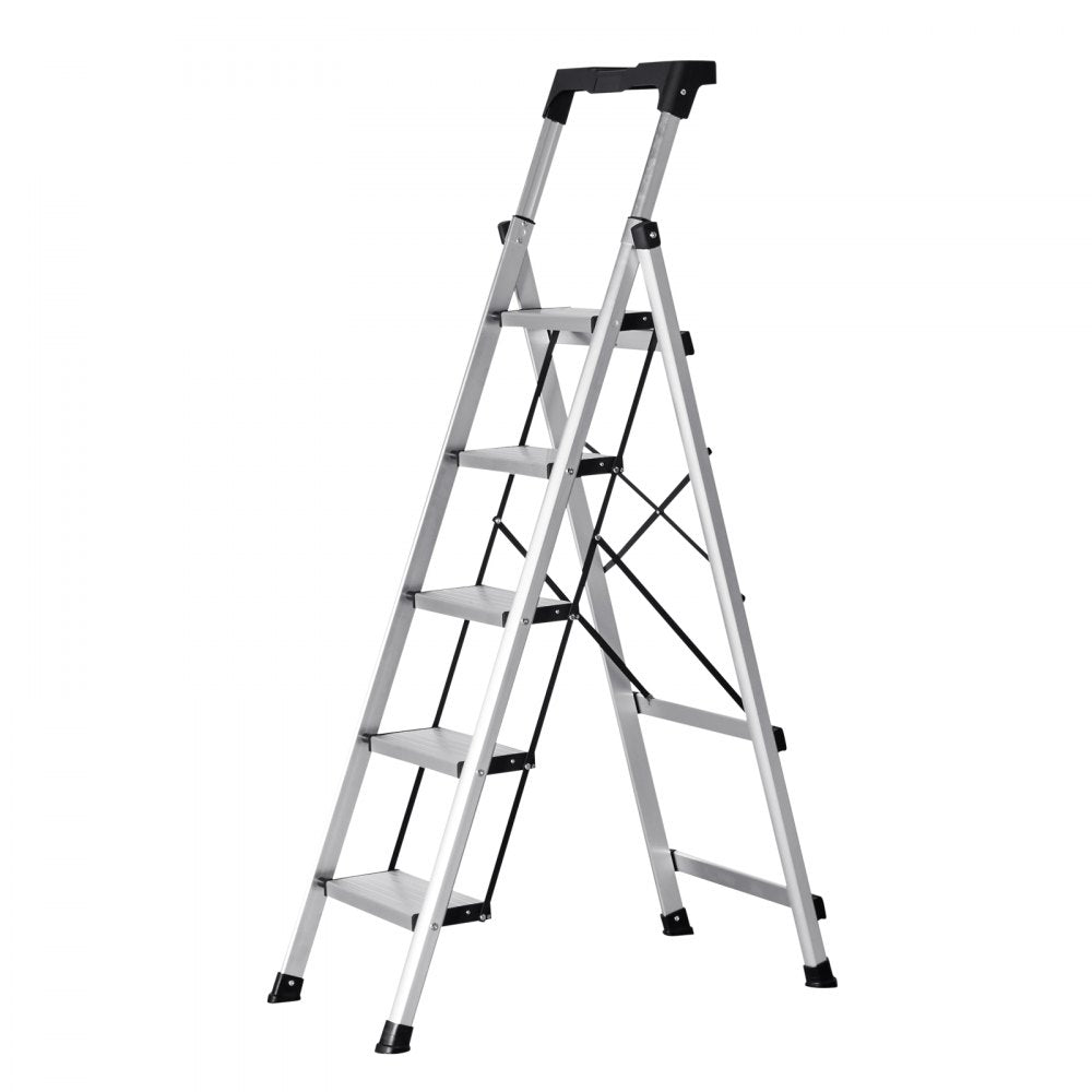 VEVOR 5 Step Ladder, Folding Step Stool with Wide Anti-Slip Pedal and Comfort Handgrip, 330 lbs Capacity Portable Aluminum Stepladder, Multi-Use for Kitchen, Warehouse, Household and Office, Silver