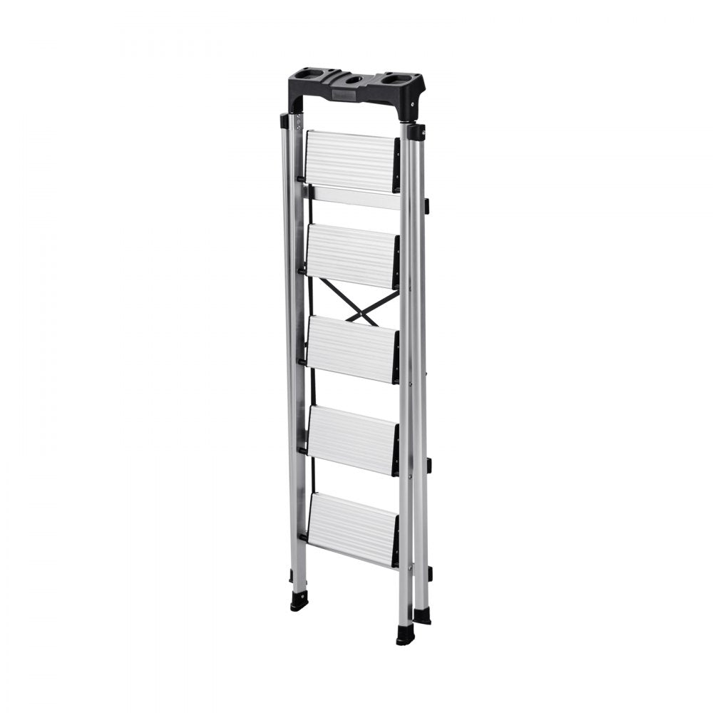 VEVOR 5 Step Ladder, Folding Step Stool with Wide Anti-Slip Pedal and Comfort Handgrip, 330 lbs Capacity Portable Aluminum Stepladder, Multi-Use for Kitchen, Warehouse, Household and Office, Silver