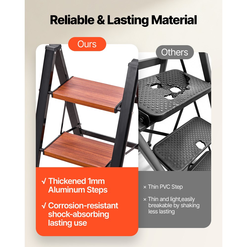 VEVOR 2 Step Ladder, Folding Step Stool with Wide Anti-Slip Pedal and Comfort Handgrip, Lightweight 330 lbs Capacity Portable Aluminum Plant Support, Multi-Use for Adults, Home Repairing, Cleaning