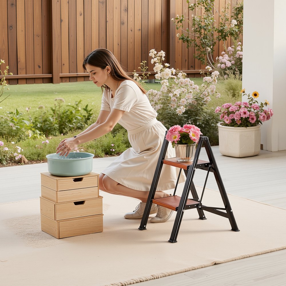 VEVOR 2 Step Ladder, Folding Step Stool with Wide Anti-Slip Pedal and Comfort Handgrip, Lightweight 330 lbs Capacity Portable Aluminum Plant Support, Multi-Use for Adults, Home Repairing, Cleaning