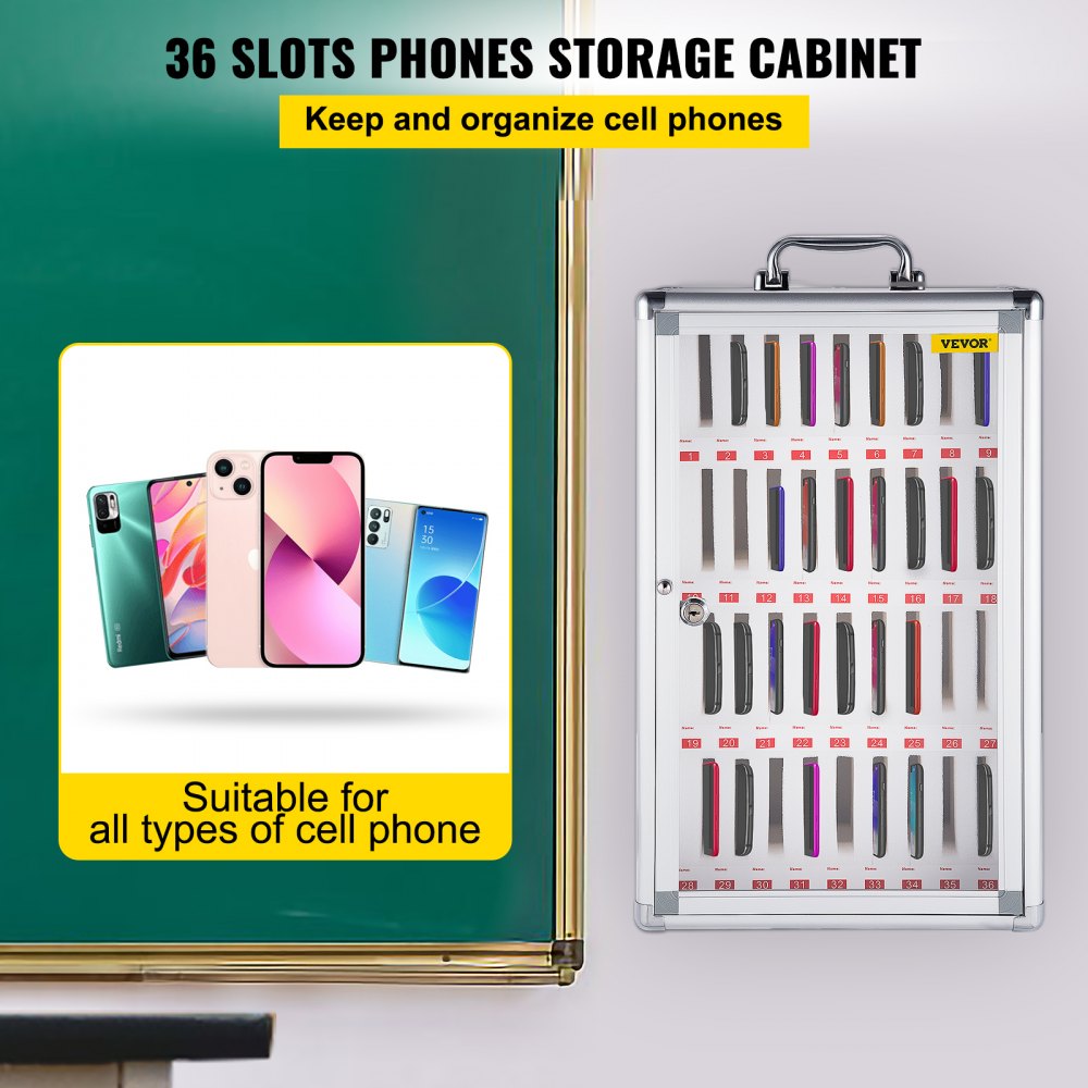 VEVOR 36 Slots Cell Phone Cabinet Silver Aluminum Alloy Pocket Chart Storage Locker Box with Portable Handle, Key Lock & Handwritten Tags, Wall Mounted for Classroom, Office, Gym
