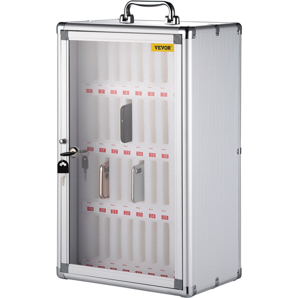 VEVOR 36 Slots Cell Phone Cabinet Silver Aluminum Alloy Pocket Chart Storage Locker Box with Portable Handle, Key Lock & Handwritten Tags, Wall Mounted for Classroom, Office, Gym
