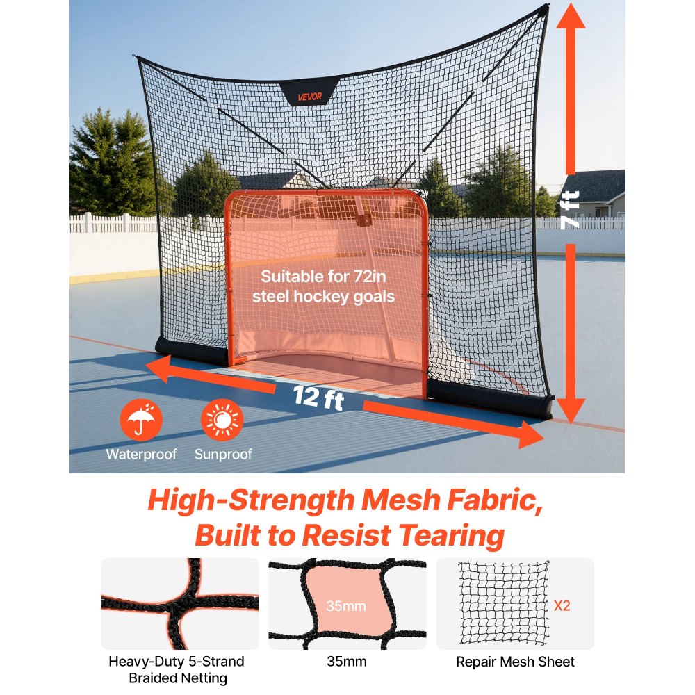 VEVOR Hockey Net Backstop, 12x7 ft Durable Hockey Goal Backstop Net with Extended Coverage, Lightweight and Portable Backyard Training Equipment, Easy Assembly, for Youth Adult (NET ONLY)