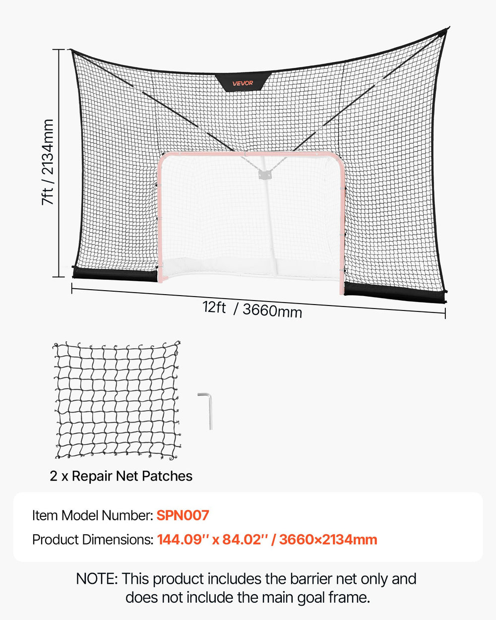 VEVOR Hockey Net Backstop, 12x7 ft Durable Hockey Goal Backstop Net with Extended Coverage, Lightweight and Portable Backyard Training Equipment, Easy Assembly, for Youth Adult (NET ONLY)