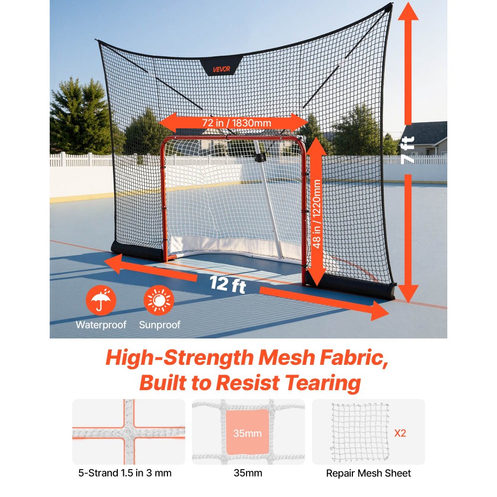 VEVOR Hockey Goal Goal and Backstop Net Set, 12x7 ft Durable Hockey Net with Extended Coverage, Lightweight Portable Complete Training Accessory Set, Easy Assembly, for Youth and Adults