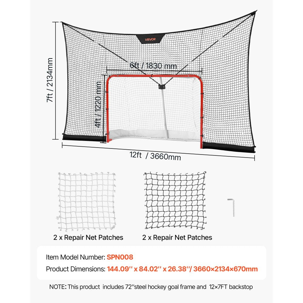 VEVOR Hockey Goal Goal and Backstop Net Set, 12x7 ft Durable Hockey Net with Extended Coverage, Lightweight Portable Complete Training Accessory Set, Easy Assembly, for Youth and Adults