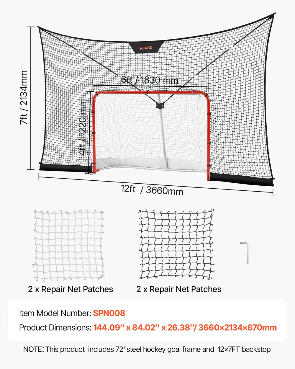 VEVOR Hockey Goal Goal and Backstop Net Set, 12x7 ft Durable Hockey Net with Extended Coverage, Lightweight Portable Complete Training Accessory Set, Easy Assembly, for Youth and Adults