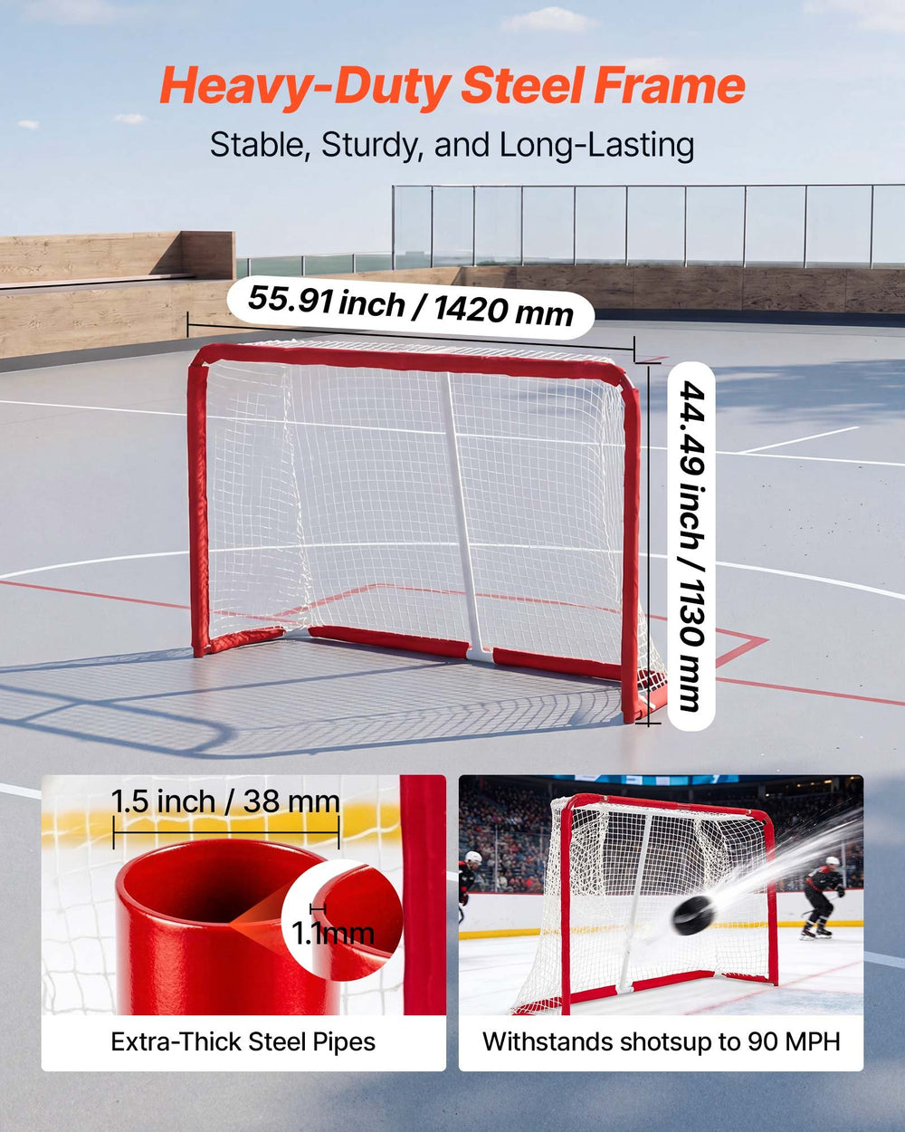 VEVOR Street Hockey Goal, Heavy-Duty Steel Street + Roller Hockey Nets, Durable Hockey Net for Indoor Outdoor Use, Lightweight Portable Training, Easy Assembly for Backyard Park Garage, 55.9 x 44.5 in