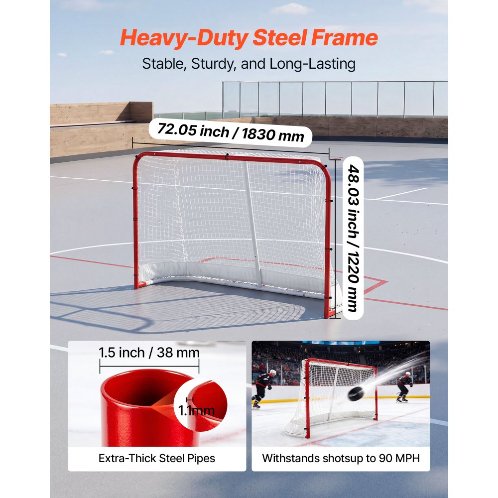 VEVOR Street Hockey Goal, Heavy-Duty Steel Street + Roller Hockey Nets, Durable Hockey Net for Indoor Outdoor Use, Lightweight Portable Training, Easy Assembly for Backyard Park Garage, 72 x 48 in