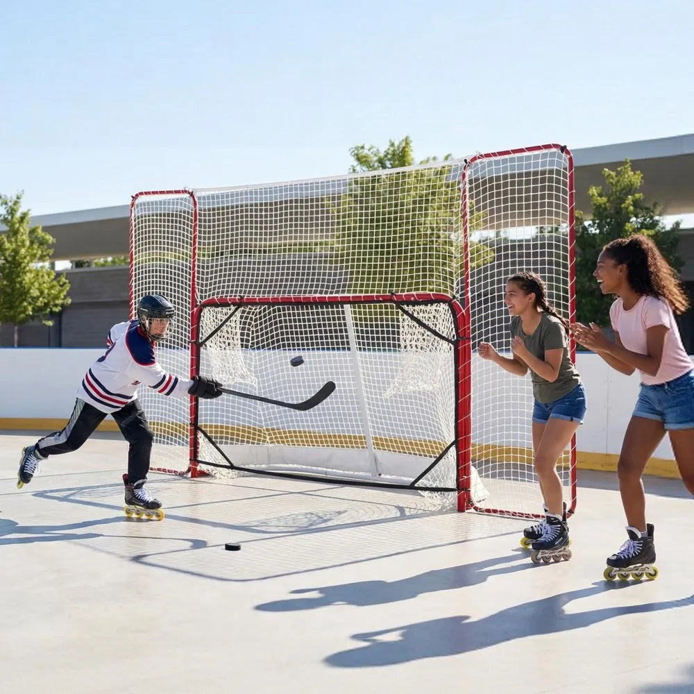 VEVOR Hockey Goal with Backstop and Targets, 10x6FT Street Steel Hockey Goal Set, Pro Lightweight and Portable Training Equipment, Durable Net for Indoor & Outdoor Use, Easy Assembly, White/Red