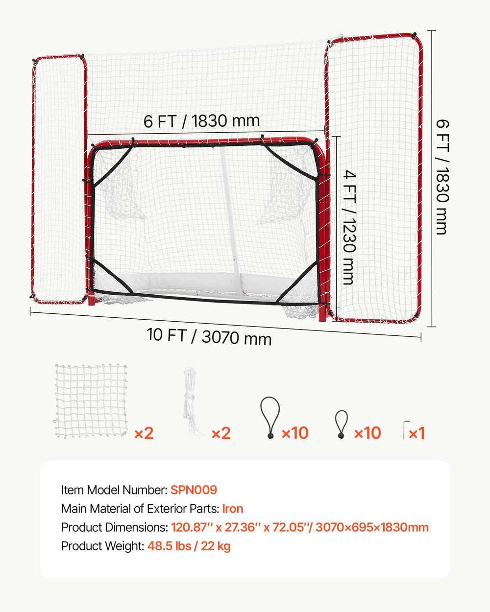 VEVOR Hockey Goal with Backstop and Targets, 10x6FT Street Steel Hockey Goal Set, Pro Lightweight and Portable Training Equipment, Durable Net for Indoor & Outdoor Use, Easy Assembly, White/Red