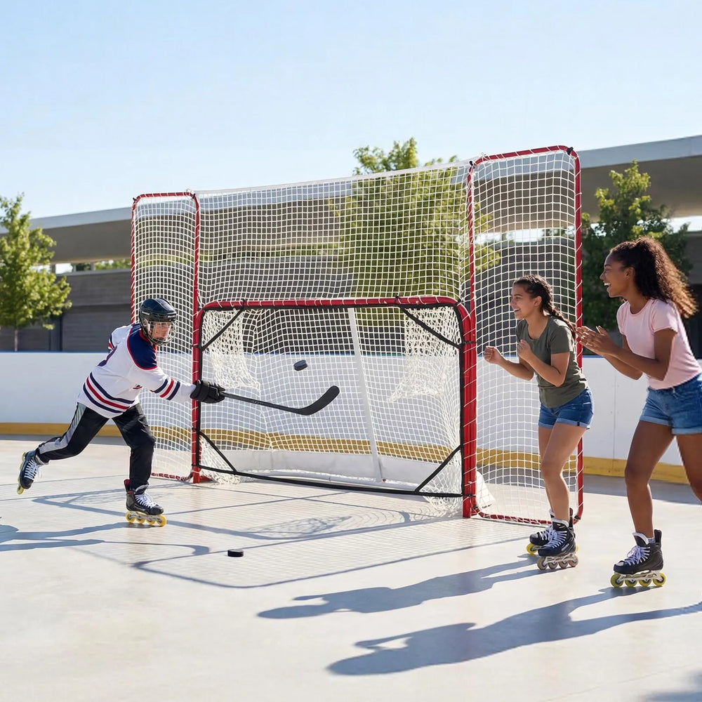 VEVOR Hockey Goal with Backstop and Targets, 10x6FT Street Steel Hockey Goal Set, Pro Lightweight and Portable Training Equipment, Durable Net for Indoor & Outdoor Use, Easy Assembly, White/Red