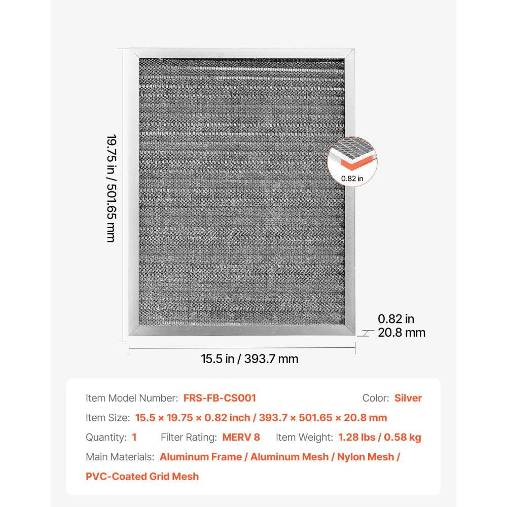VEVOR Electrostatic Air Filter, 16x20x1 inch Washable & Reusable Aluminum AC/HVAC Furnace Filter, MERV 8 Long Lifetime, Home or Office (Actual Size: 15.5 x 19.75 x 0.82 in)
