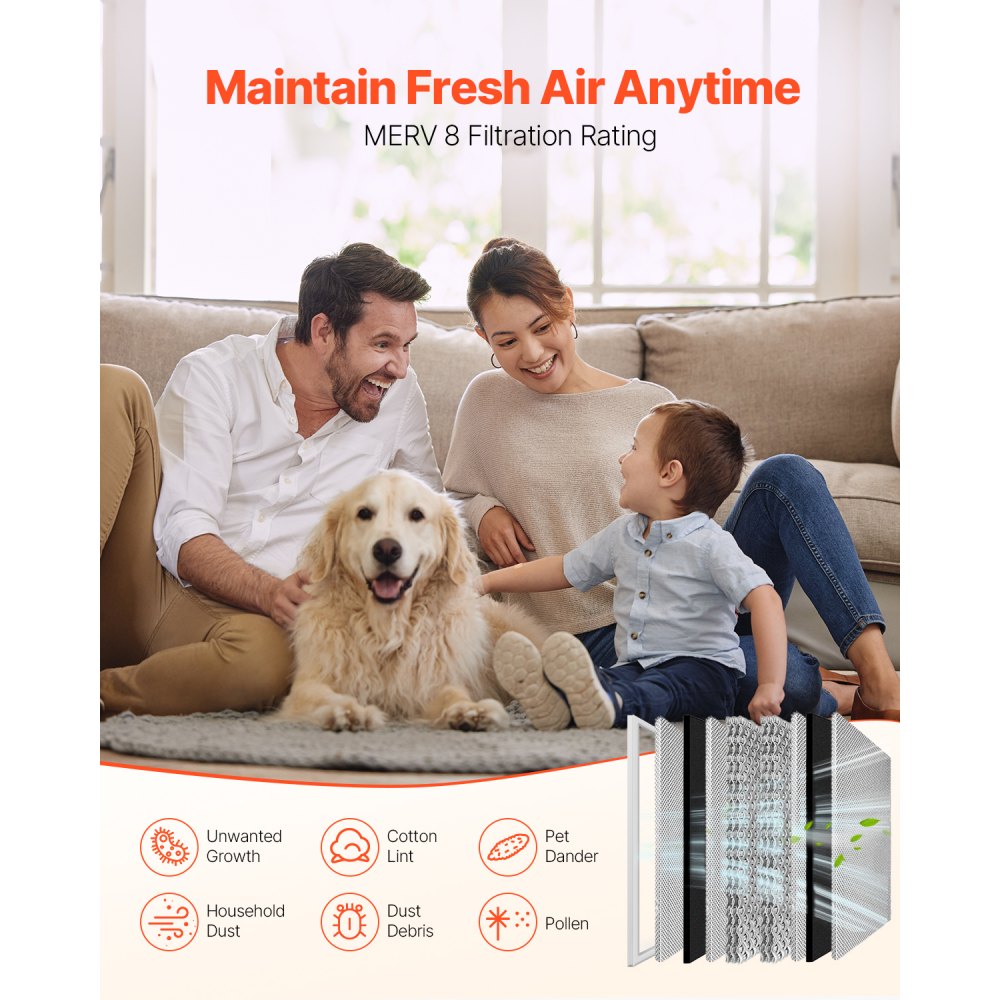 VEVOR Electrostatic Air Filter, 20x25x4 inch Washable & Reusable Aluminum AC/HVAC Furnace Filter, MERV 8 Long Lifetime, Home or Office (Actual Size: 19.37 x 24.37 x 3.58 in)