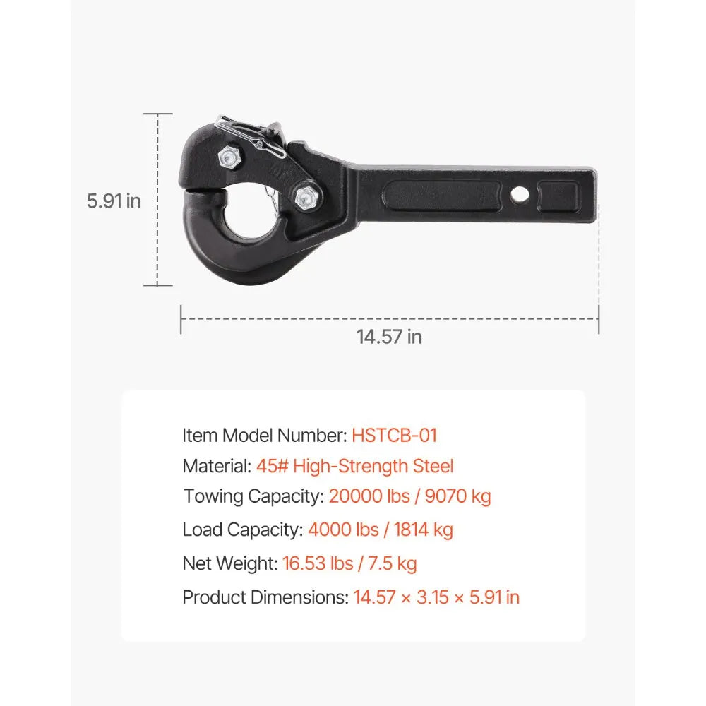 VEVOR Pintle Hook, 20000 lbs Towing Capacity, Pintle Hitch Receiver for 2-inch Hitch Hook Military Receiver, Fits 2.5 to 3-inch Lunette Ring, 15.6-inch Length, Black Powder Coat, for Various Trailers