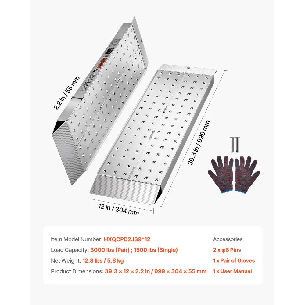 VEVOR Aluminum Trailer Ramps, 2PCS 39 x 12 in, Heavy-Duty ATV Ramp Set with Anti-Slip Plates, 3000LBS Combined Capacity Loading Ramps for Motorcycles, Lawn Mowers, Farm Tractors, Carts