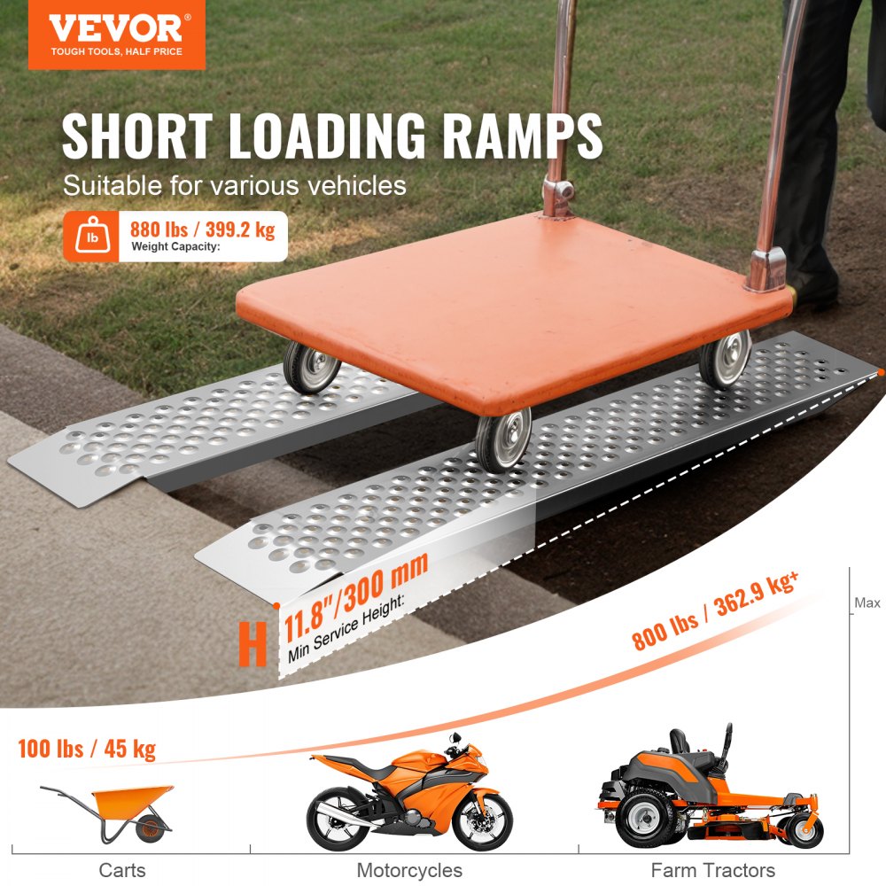 VEVOR Portable Loading Ramps, 2 Pcs 47.2 x 8.5 in, Durable Aluminum Shed Ramp Set with Anti-Slip Holes, Compact Design and Easy Storage, 880 Lbs Weight Capacity, for ATV, Tractors, Lawn Mowers, Carts