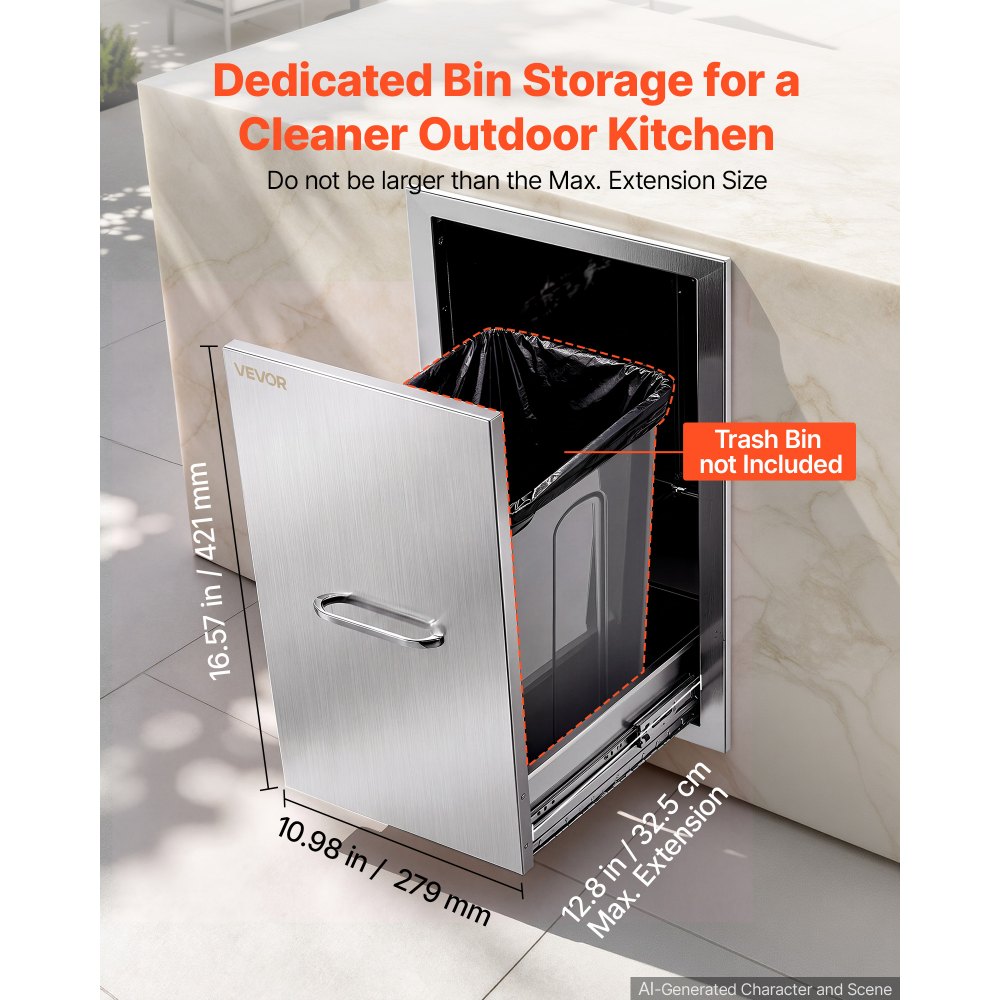 VEVOR Outdoor Kitchen Trash Drawer, 27"W x 19"H x 14"D, Bin Not Included, for BBQ Island Storage, Patio Bars and Grill Station, with Handle, Built-In BBQ Island Drawers Organize Cookware Accessories