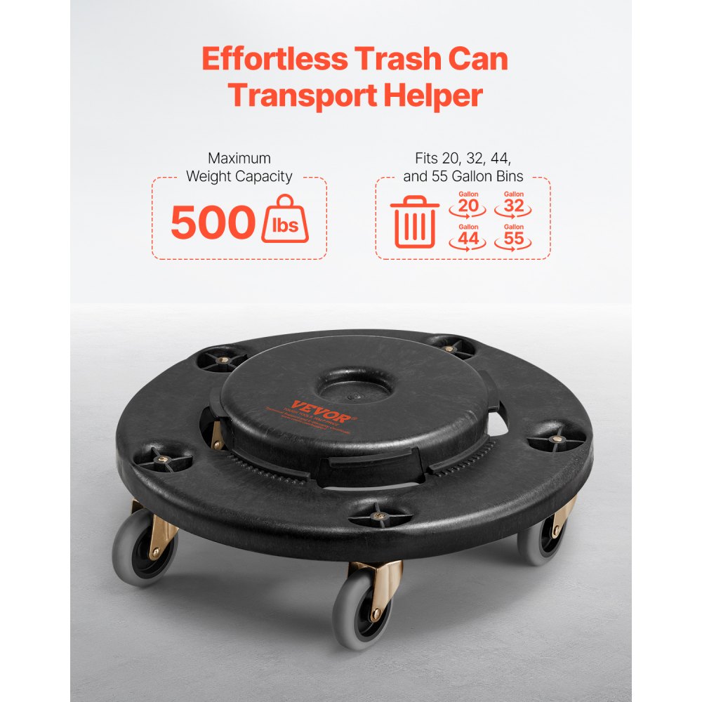 VEVOR Trash Can Dolly, Fit 20, 32, 44, 55 Gallon Containers, 2 Packs Round Trash Can Roller Base with 4 Lockable Wheels, 500lbs Heavy Duty Barrel Dolly, Multi-Functional Rolling Dolly Cart