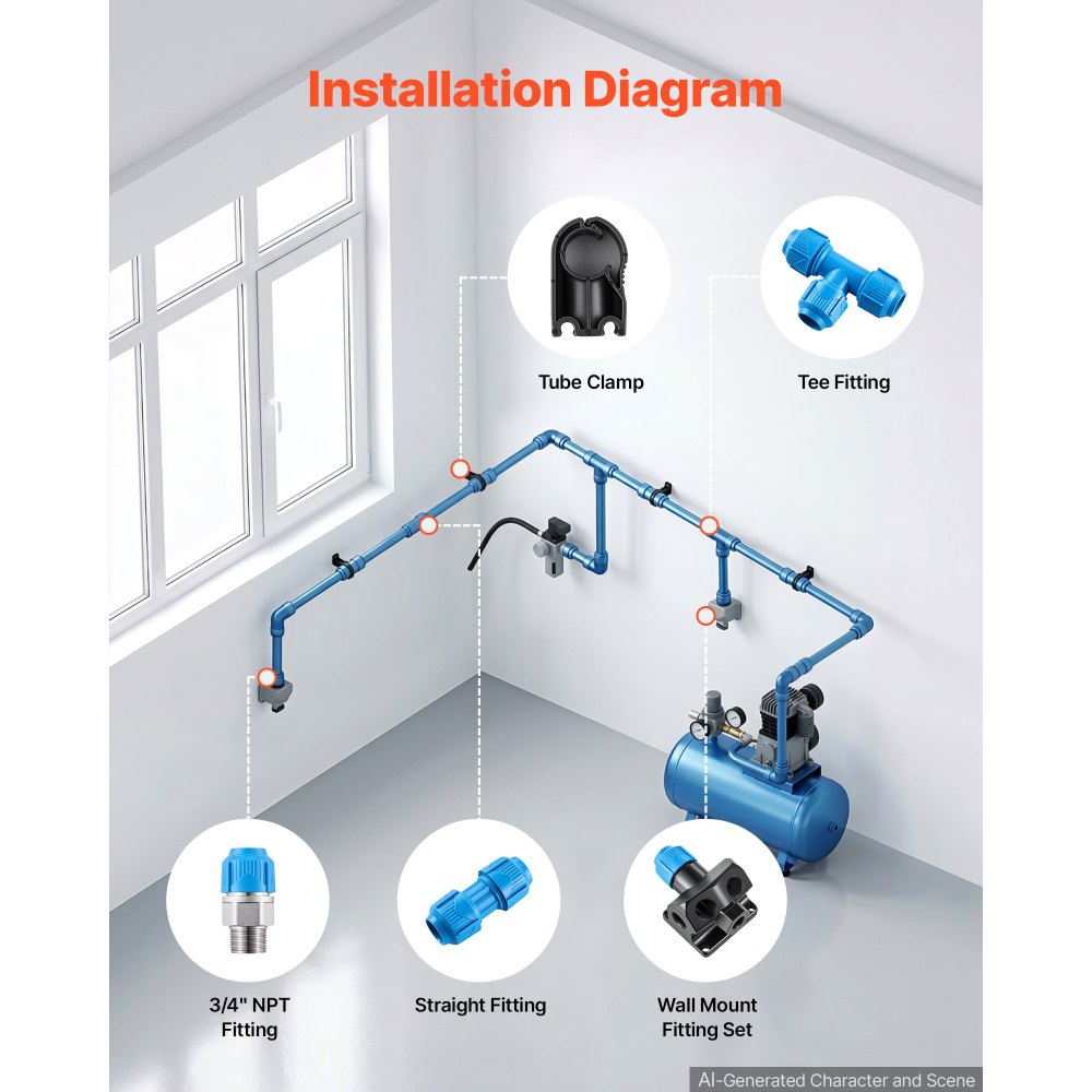 VEVOR Air Compressor Line Piping Kit, Total 235FT x 0.68" (62 x 3.77 FT), Aluminum Compressed Air Tubing System, High Pressure Resistant, Leak-Proof & Easy-to-Install for Garages Workshops