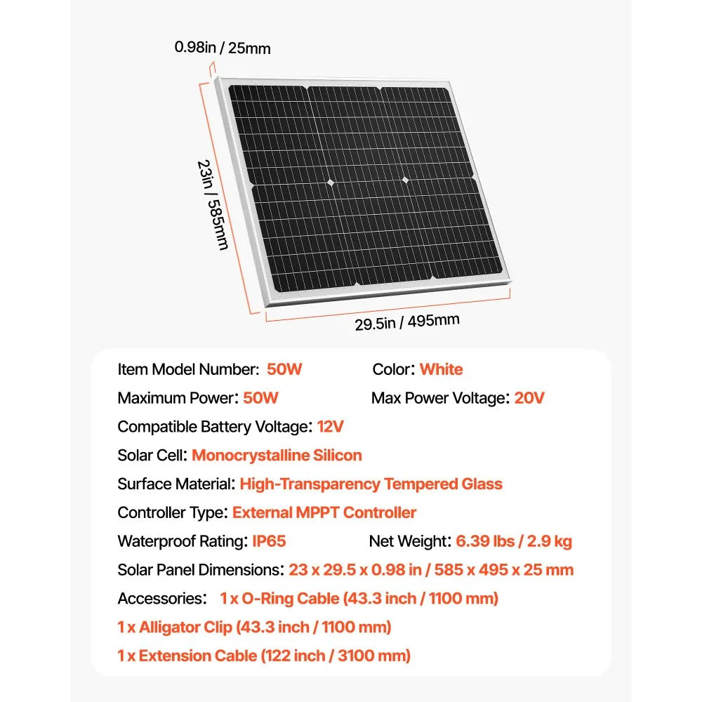VEVOR 50W 12V Solar Battery Charger Maintainer, Mono Solar Panel Trickle Battery Charger with Upgraded MPPT Controller, IP65 Waterproof for Car Boat RV Trailer Flat Rooftop (Bracket Not Included)