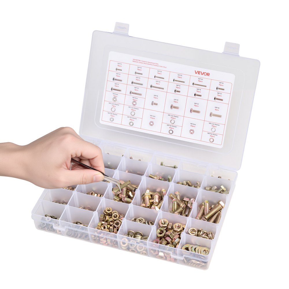 VEVOR 906 Pcs Bolts and Nuts Assortment Kit, Metric Machine Screws and Flat Washers, Alloy Steel M4/M5/M6/M8 Multiple Size, for Equipment Assembly, Vehicle Grade 8.8 Gold-Plated Galvanized